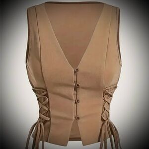 Crossed Frenulum Drawstring Side Cropped Vest ~ Tan
